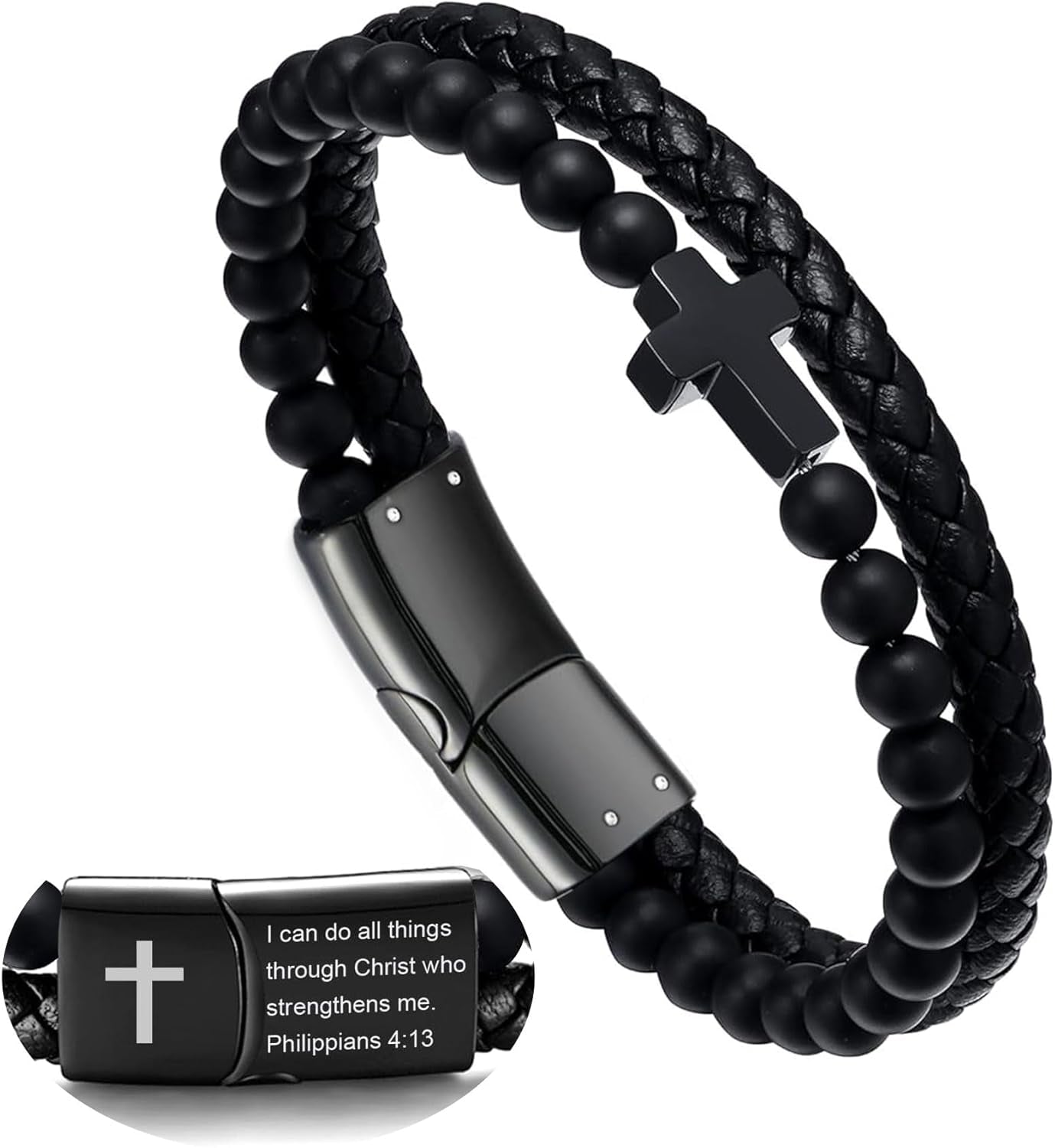 Mens Bracelet Fathers Gifts Day Black Braided Leather Stainless Steel Cross Jewelry Charming Bracelet Embedded with Black Agate Beads,Perfect for Wedding, Parties, and Everyday,Bible Verse Christian Religious Gift(7.5/8.5/9 Inch)