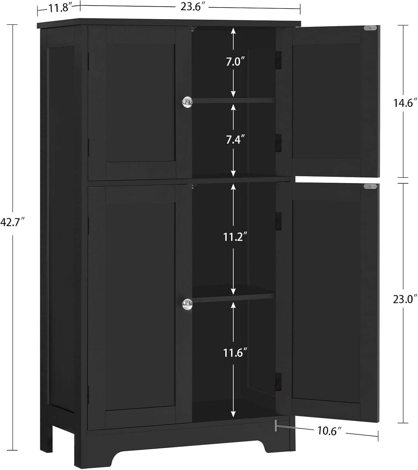 Storage Cabinet, Rattan Cabinets with 2 Adjustable Shelves & 4 Doors, Bathroom Cabinet, Cupboard, Floor Cabinets for Living Room, Entryway, Kitchen, Home Office, Black