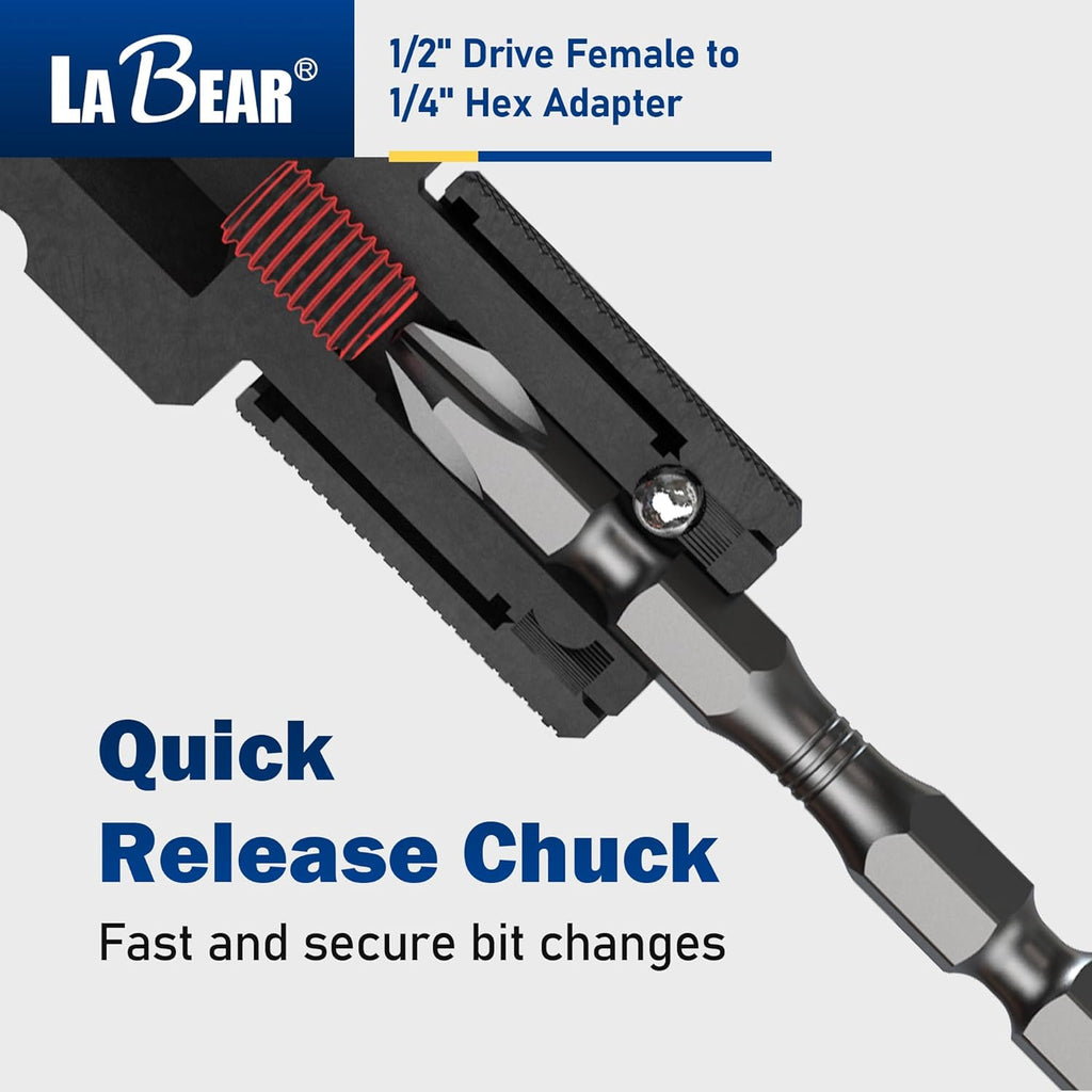 1/2 Inch Drive to 1/4 Inch Hex Impact Adapter | Cr-Mo Steel Body with Quick-Release Collar and 3Mm Adjustable Screw for Steadier Bit Changes
