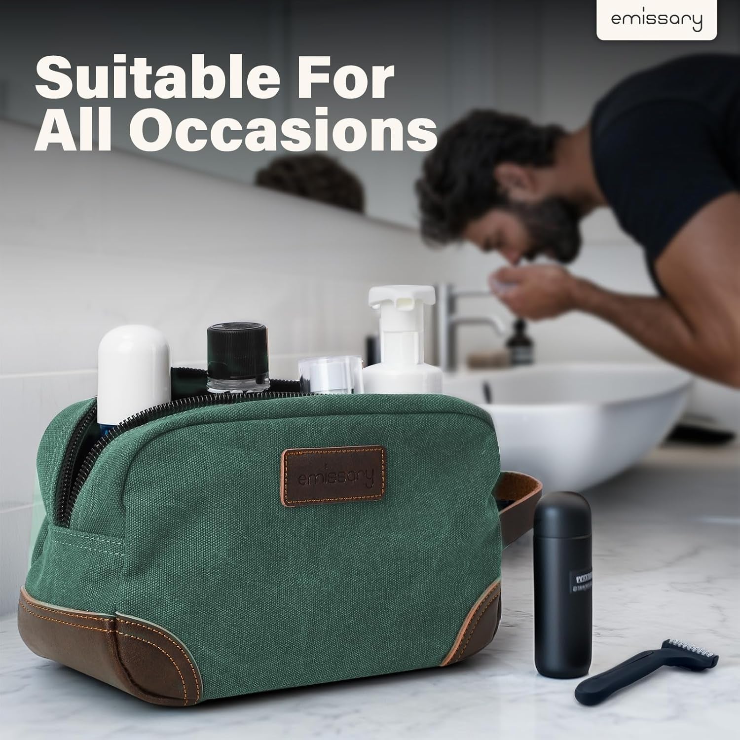 Men'S Toiletry Bag, Leather and Canvas Travel Toiletry Bag, Dopp Kit for Men, Travel Bathroom Bag Men'S Shaving Kit, Travel Kit Small Bags for Men, Shaving Bag for Travel Accessories (Green)