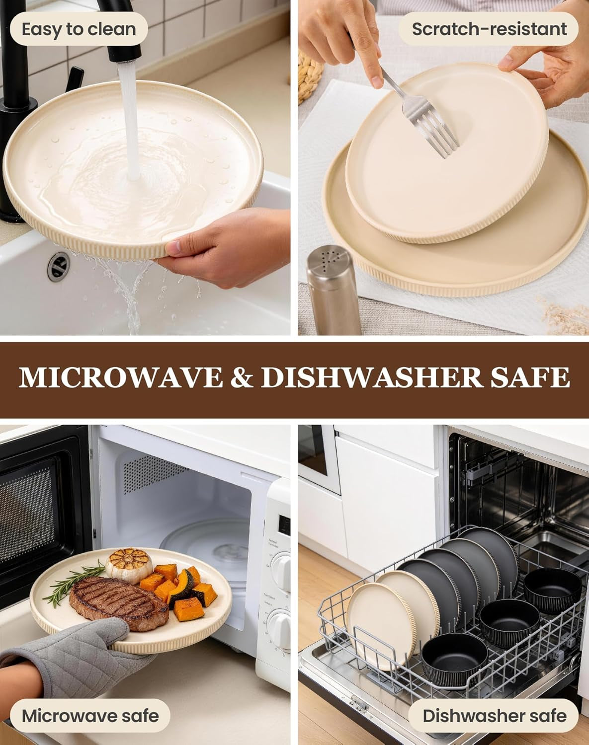 24-Piece Dinnerware Set for 6 with Mugs, Ribbed Stoneware Plates and Bowls Sets, Unique Handcrafted Reactive Glaze, Chip and Scratch Resistant Dish Set, Microwave & Dishwasher Safe, Yellow