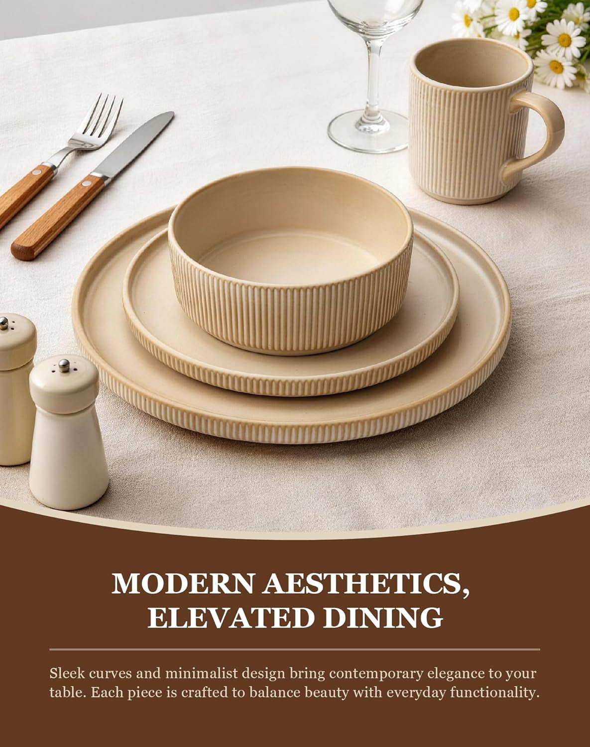24-Piece Dinnerware Set for 6 with Mugs, Ribbed Stoneware Plates and Bowls Sets, Unique Handcrafted Reactive Glaze, Chip and Scratch Resistant Dish Set, Microwave & Dishwasher Safe, Yellow