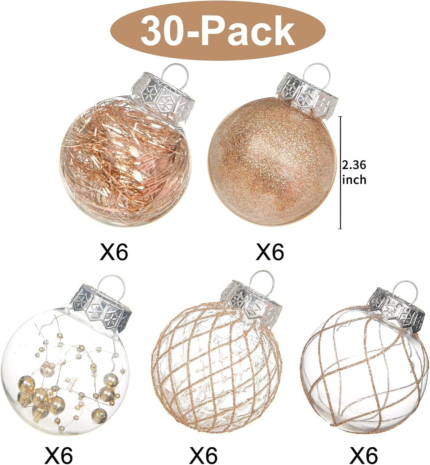 Clear Plastic Christmas Ball Ornaments, 30Ct 2.36 Inch Champagne Balls for Tree Decoration - Shatterproof for Holiday Wedding Party Gifts
