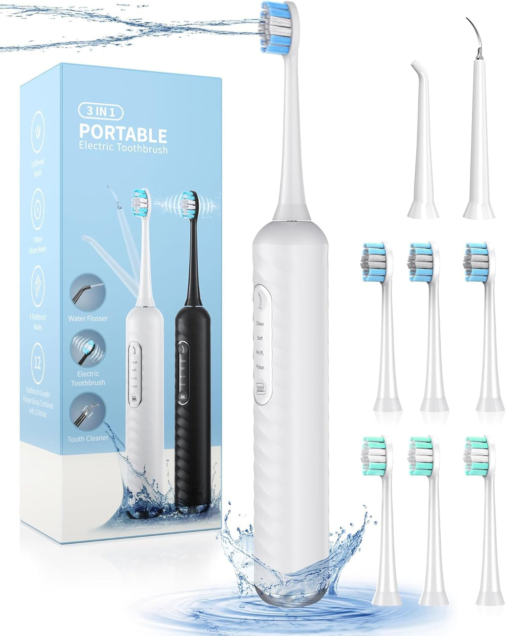 Electric Toothbrush with Water Flosser, 3 in 1 Teeth Cleaning Kit with 7 Modes, Electric Toothbrush and Flosser Combofor Adults, Water Flosser Portable for Travel and Home (White)