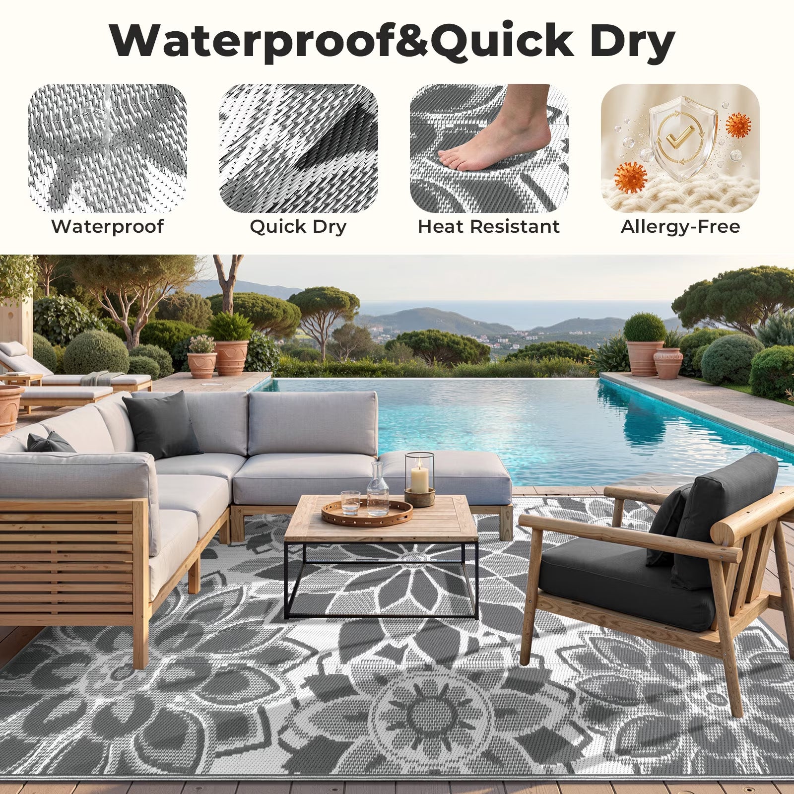 Outdoor Rug 8'X10' Reversible Waterproof Outdoor Patio Rug Mat Plastic Straw Rug Outdoor Area Rug Patio Camping Rug for RV Picnic Balcony Backyard Beach Outdoor Decor,Gray