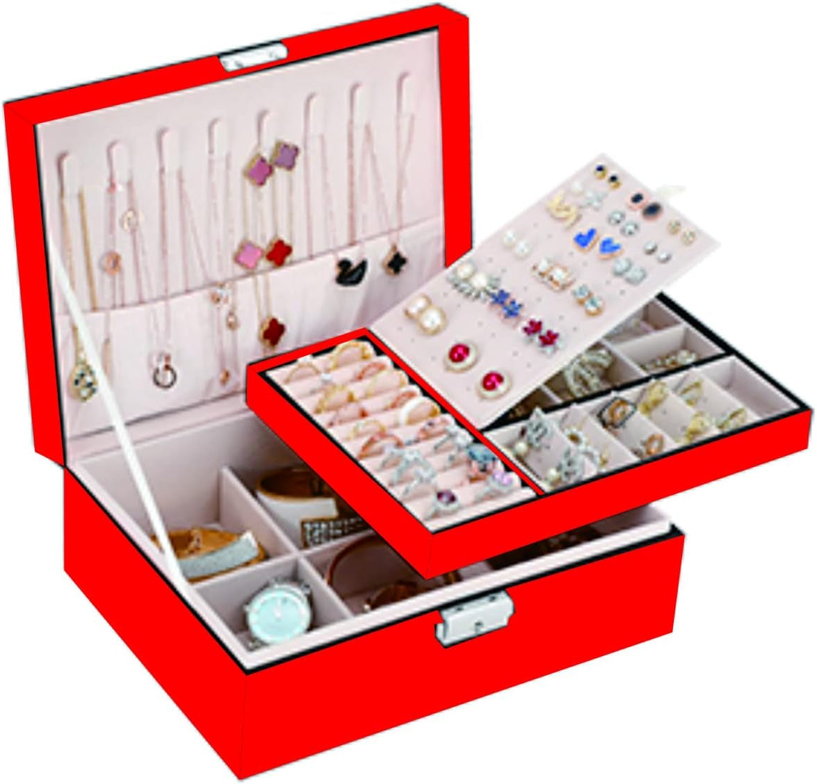 Jewelry Boxes for Women- 2 Layers Jewelry Organizer Box Leather Jewelry Case with Lock Jewelry Organizer Container Removable Tray for Necklace Earrings Rings Bracelets