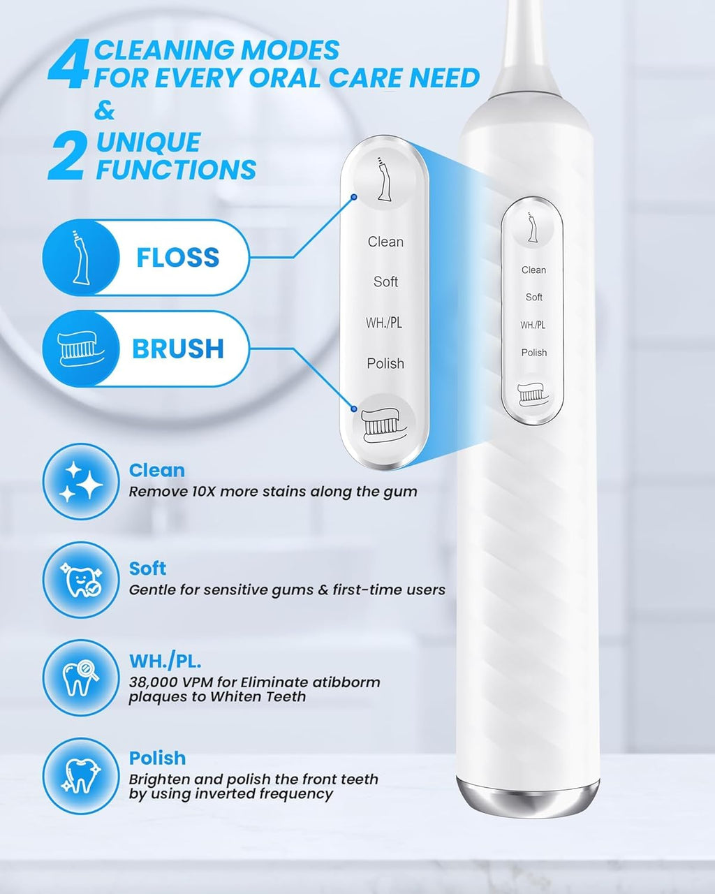 Electric Toothbrush with Water Flosser, 3 in 1 Teeth Cleaning Kit with 7 Modes, Electric Toothbrush and Flosser Combofor Adults, Water Flosser Portable for Travel and Home (White)