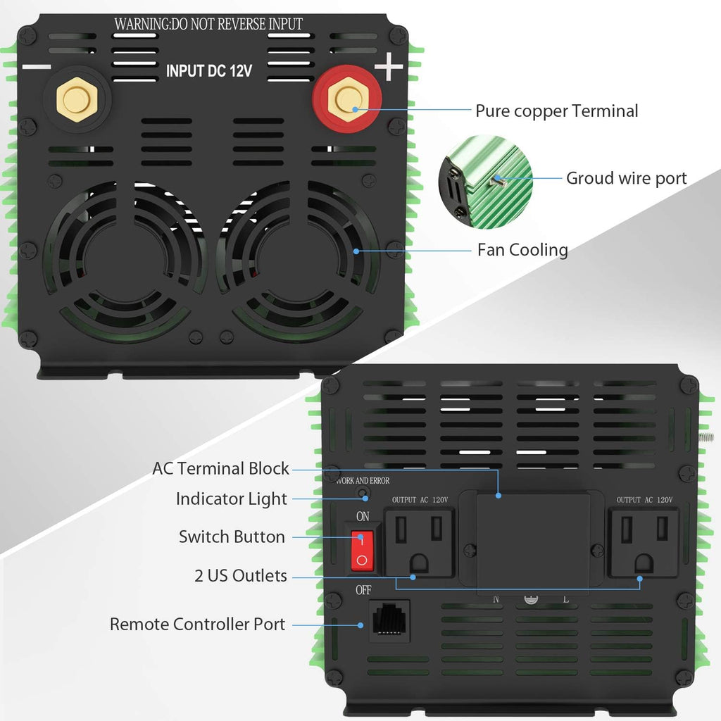 3000 Watt Power Inverter DC 12V to AC 110V 120V 3000W Converter for Car Truck RV with LCD and Dual USB Romte Controller (ETRC Remote)