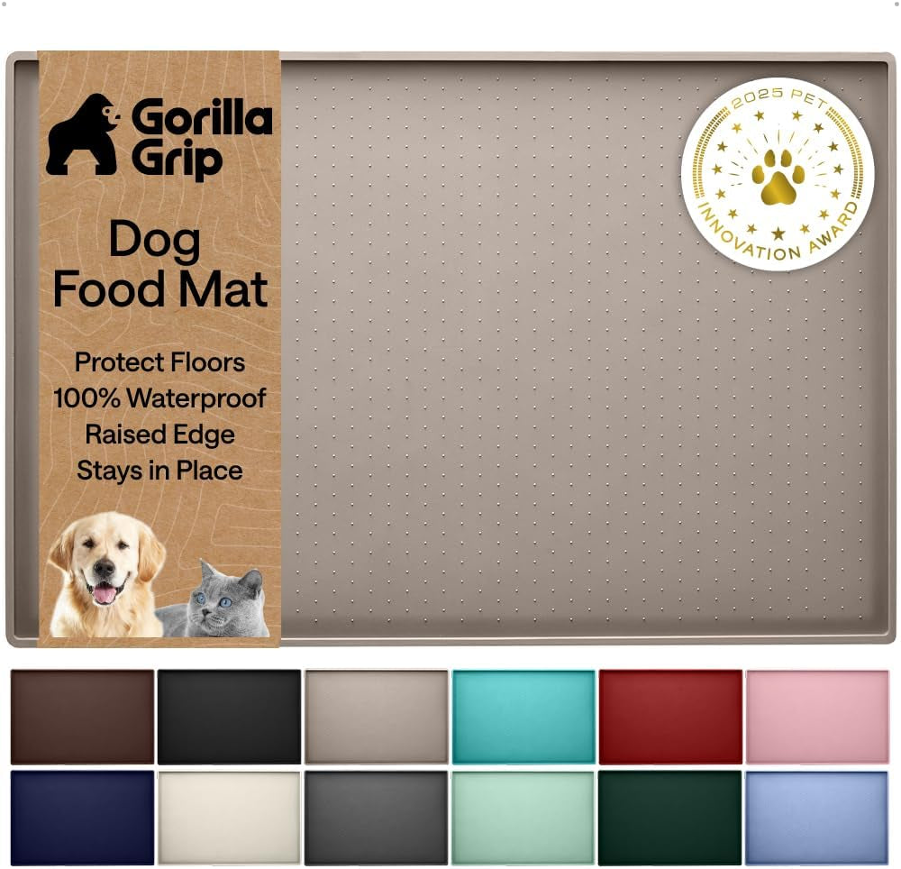 GORILLA GRIP 100% Waterproof Raised Edge BPA Free Silicone Pet Feeding Mat, Dog Cat Food Mats Contain Spills Protects Floors, Placemats for Cats and Dogs Water Bowl, Pets Accessories 18.5X11.5 Beige
