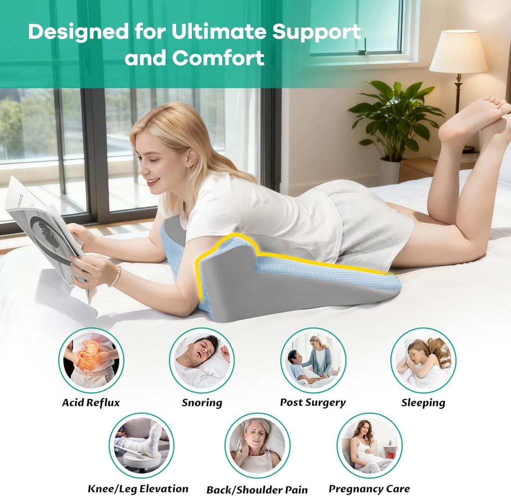 Bed Snorinator Pillow, Ergonomic Wedge Pillow for Sleep Apnea Memory Foam Reading Pillow for Back, Neck & Head Comfortable Support-Blue(Extra Large)