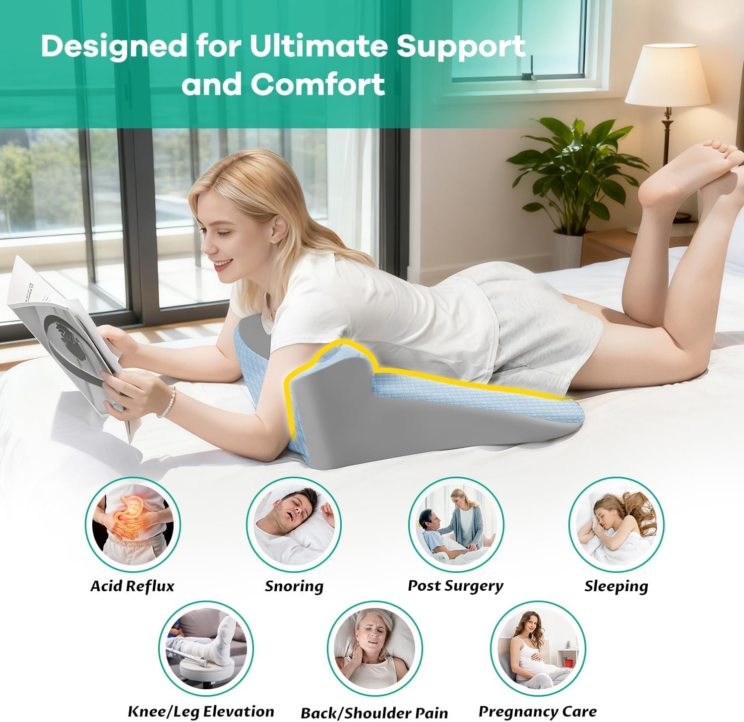 Bed Snorinator Pillow, Ergonomic Wedge Pillow for Sleep Apnea Memory Foam Reading Pillow for Back, Neck & Head Comfortable Support-Blue(Extra Large)