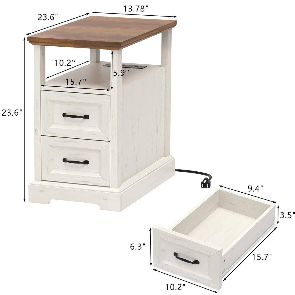 Farmhouse 13.78 In. Rustic White Rectangle Particle Board End Table with Outlets, 2 Drawers and Open Shelf