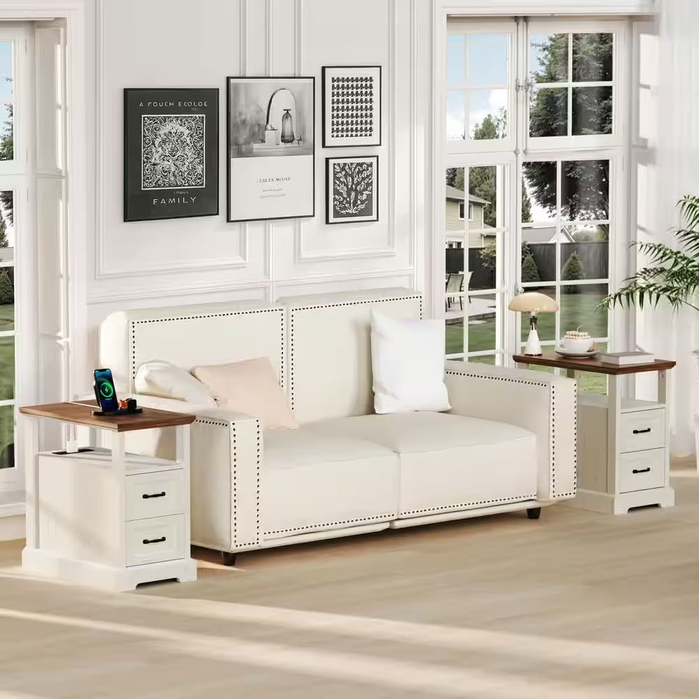 Farmhouse 13.78 In. Rustic White Rectangle Particle Board End Table with Outlets, 2 Drawers and Open Shelf