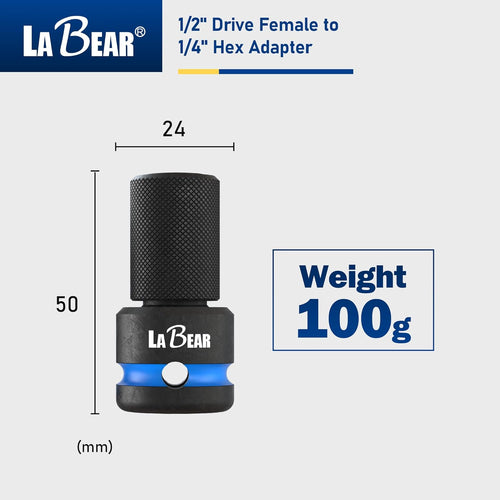 1/2 Inch Drive to 1/4 Inch Hex Impact Adapter | Cr-Mo Steel Body with Quick-Release Collar and 3Mm Adjustable Screw for Steadier Bit Changes