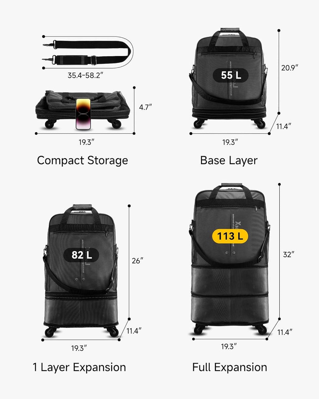 Travel Duffel Bags, Expandable Collapsible Luggage with Spinner Wheels, Lightweight, without Telescopic Handle, Large Capacity Suitcases with Wheel for Men Women (Black, 55L-113L)