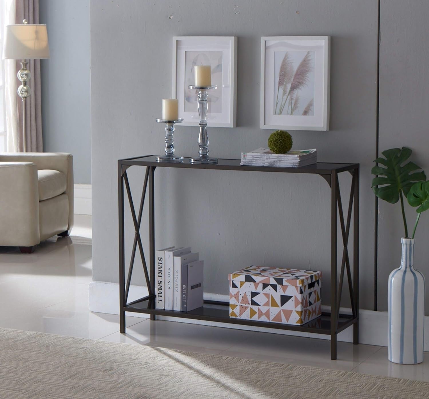 - Entryway Console Sofa Table with Shelf for Foyer, Living Room, Hallway, Pewter/Black