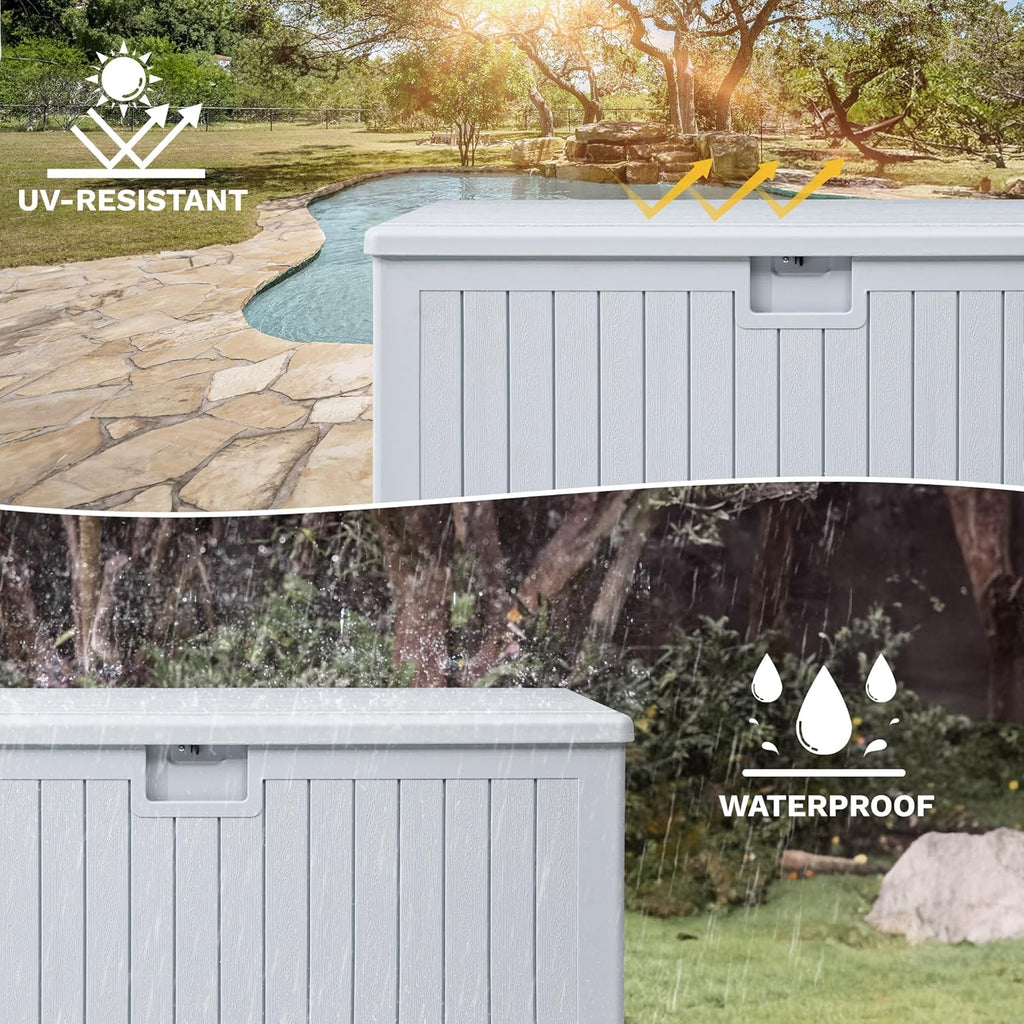 180 Gallon Resin Outdoor Storage Box, XXL Double-Wall Waterproof Deck Box, Doubles as Table or Seating with 1000 Lbs Capacity, Lockable (Grayish-White)