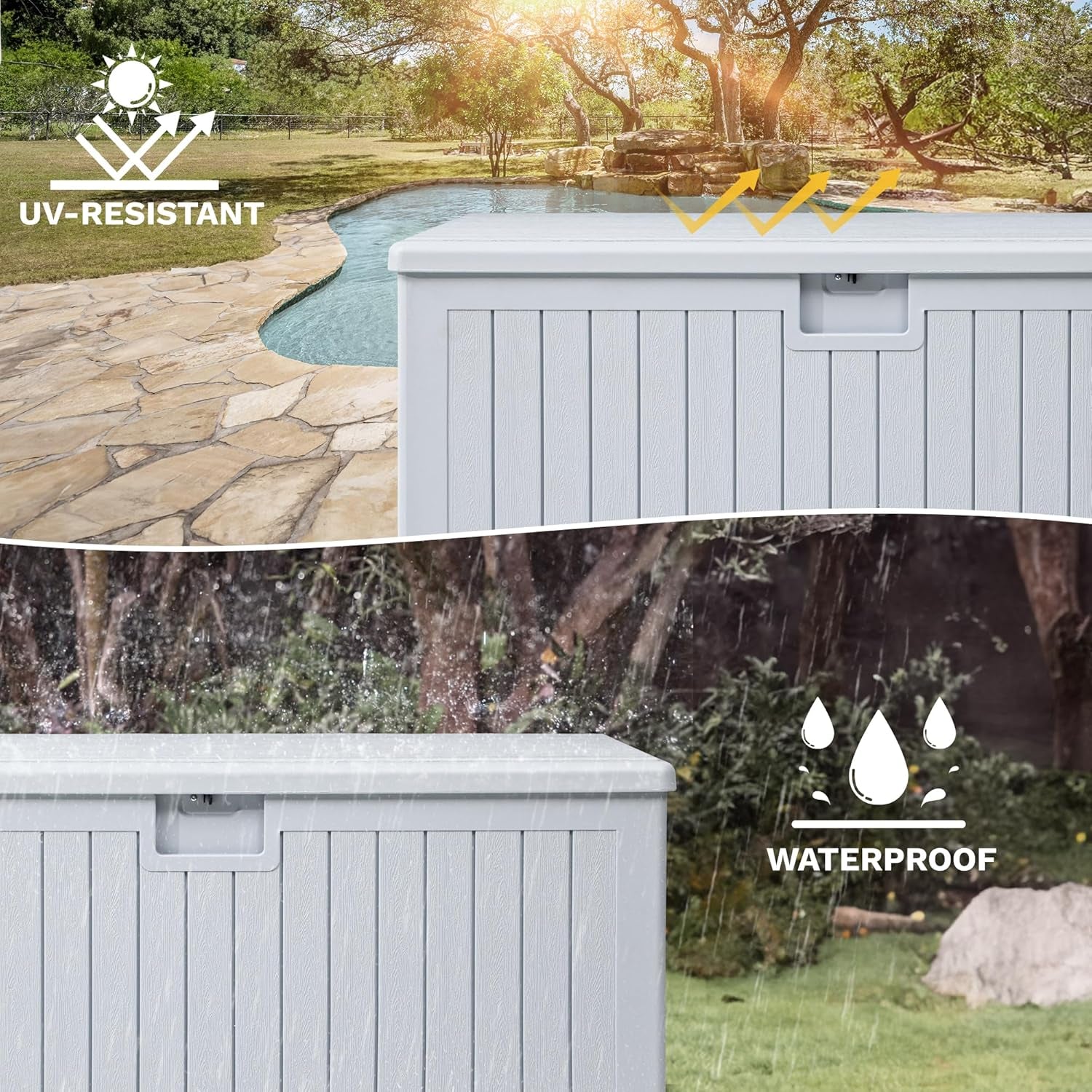 180 Gallon Resin Outdoor Storage Box, XXL Double-Wall Waterproof Deck Box, Doubles as Table or Seating with 1000 Lbs Capacity, Lockable (Grayish-White)