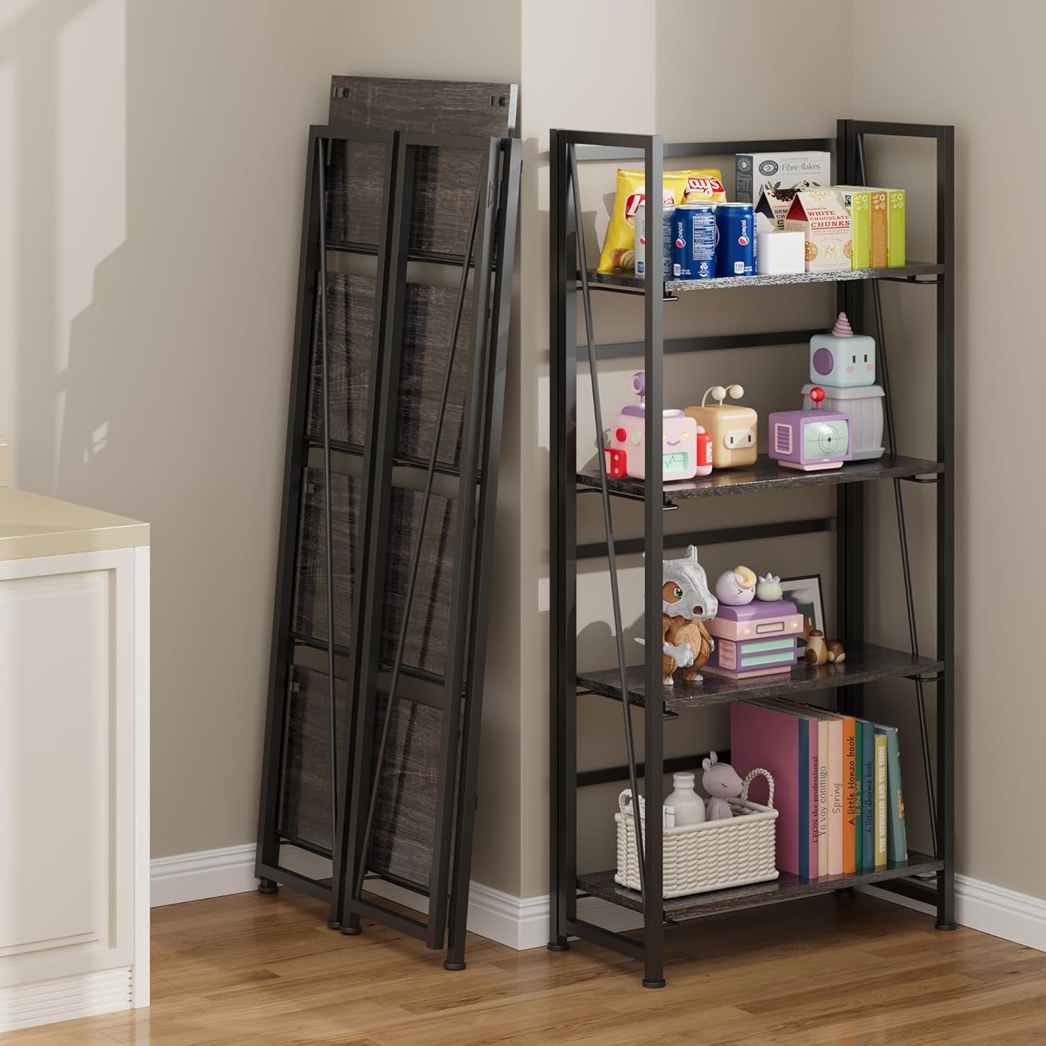 Vintage Multifunctional Folding Bookshelf, No-Assembly Plant Stand Storage Rack Shelves for Home Office (Gray, 4-Tier)