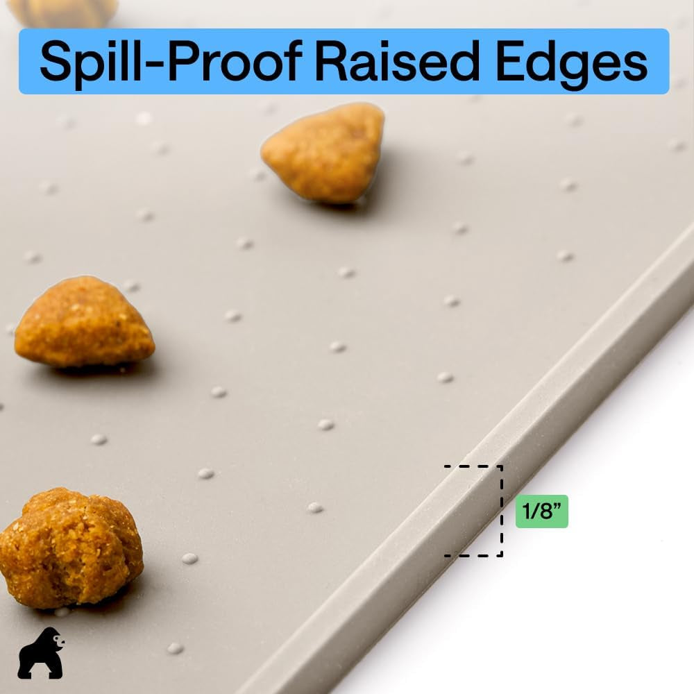 GORILLA GRIP 100% Waterproof Raised Edge BPA Free Silicone Pet Feeding Mat, Dog Cat Food Mats Contain Spills Protects Floors, Placemats for Cats and Dogs Water Bowl, Pets Accessories 18.5X11.5 Beige