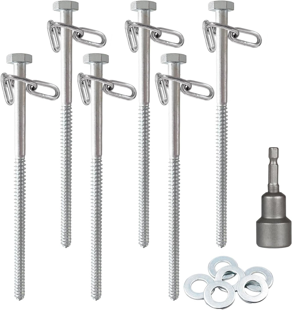 6Pcs 3/8 X 12 Inch Heavy Duty Camping Ground Anchors, Non-Rust Tent Stakes Screw in Kit for Securing Animals, Trampoline, Carports, Canopies, Sheds, Swing Sets, Ground Anchors for High Winds