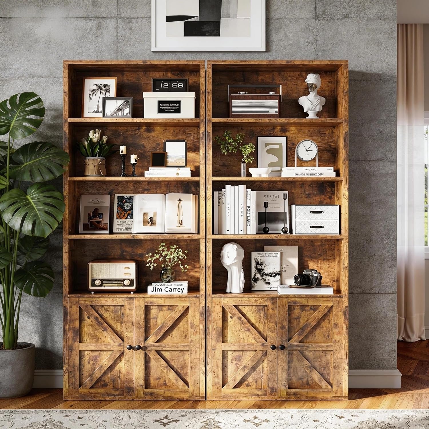 71.5" Bookshelf Set of 2, 6-Tier Bookcase with Cabinet Doors, Tall Display Shelves with Storage for Home Office, Living Room