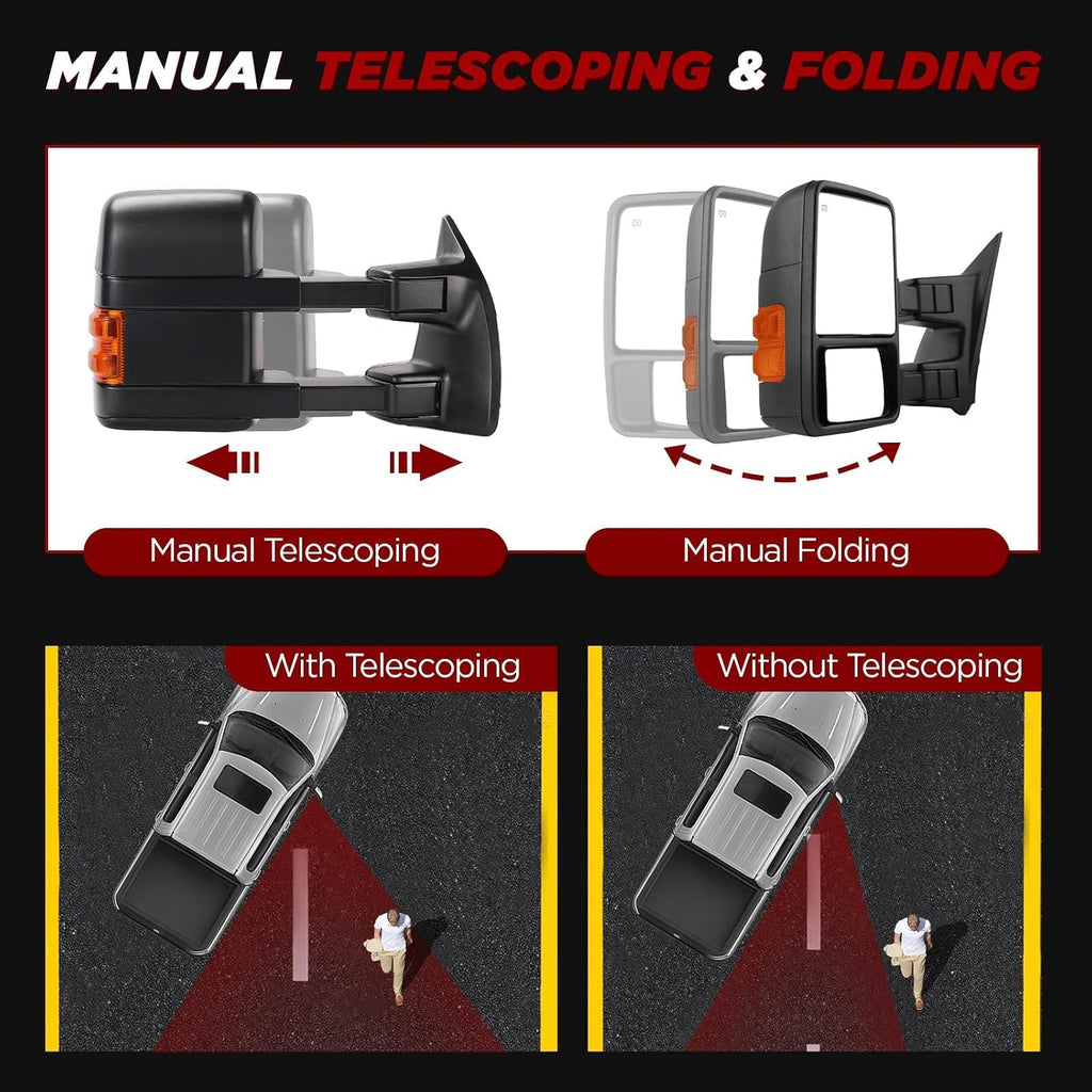 Power Heated Tow Mirrors Compatible with 2008-2016 Ford F250 F350 F450 F550 Super Duty, Power Glass Manual Telescoping Folding Towing Mirrors with Amber Signal Light