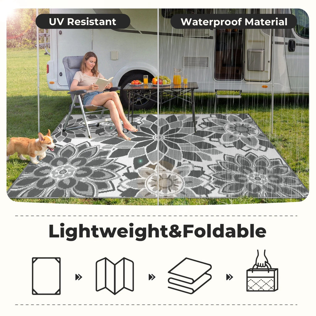 Outdoor Rug 8'X10' Reversible Waterproof Outdoor Patio Rug Mat Plastic Straw Rug Outdoor Area Rug Patio Camping Rug for RV Picnic Balcony Backyard Beach Outdoor Decor,Gray