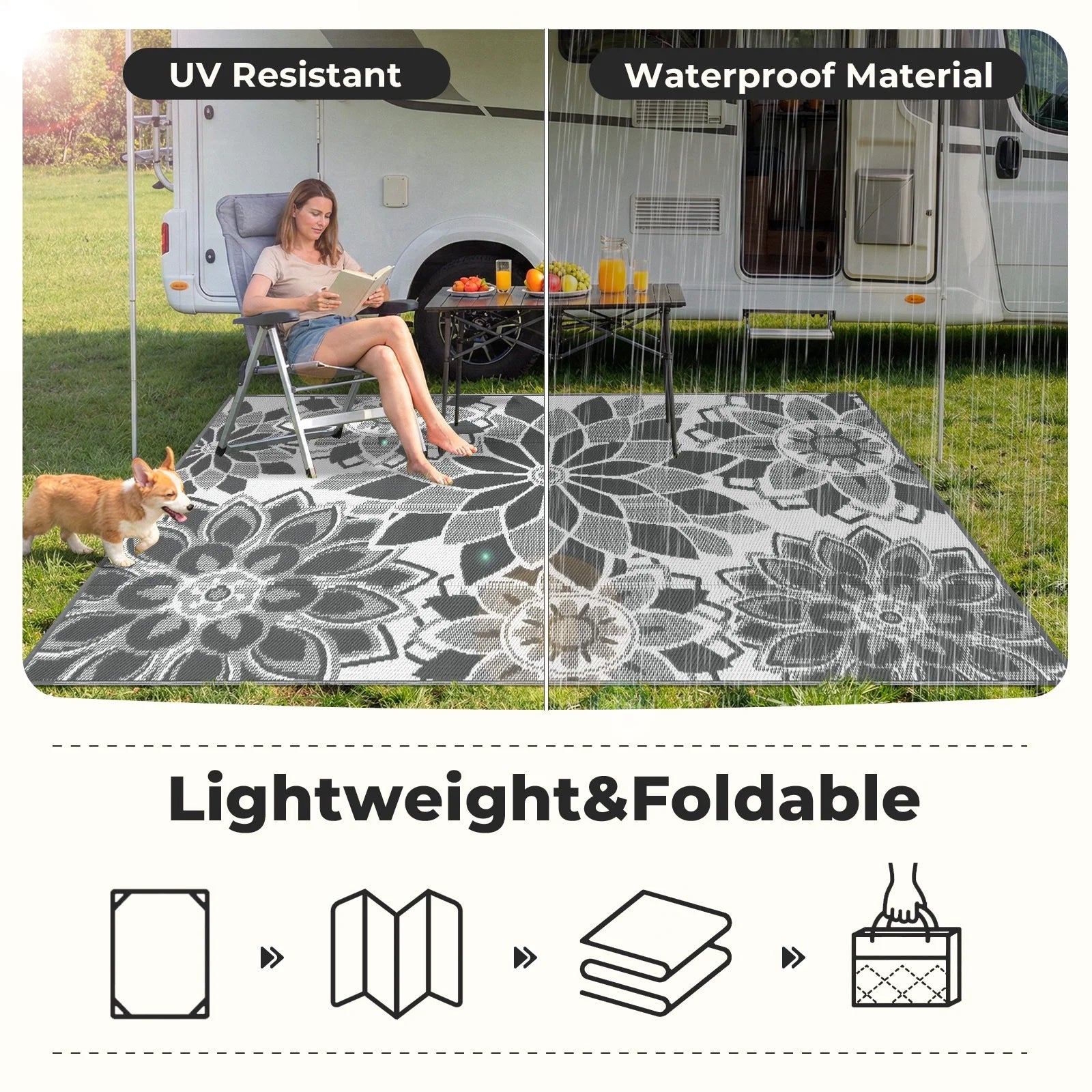 Outdoor Rug 8'X10' Reversible Waterproof Outdoor Patio Rug Mat Plastic Straw Rug Outdoor Area Rug Patio Camping Rug for RV Picnic Balcony Backyard Beach Outdoor Decor,Gray