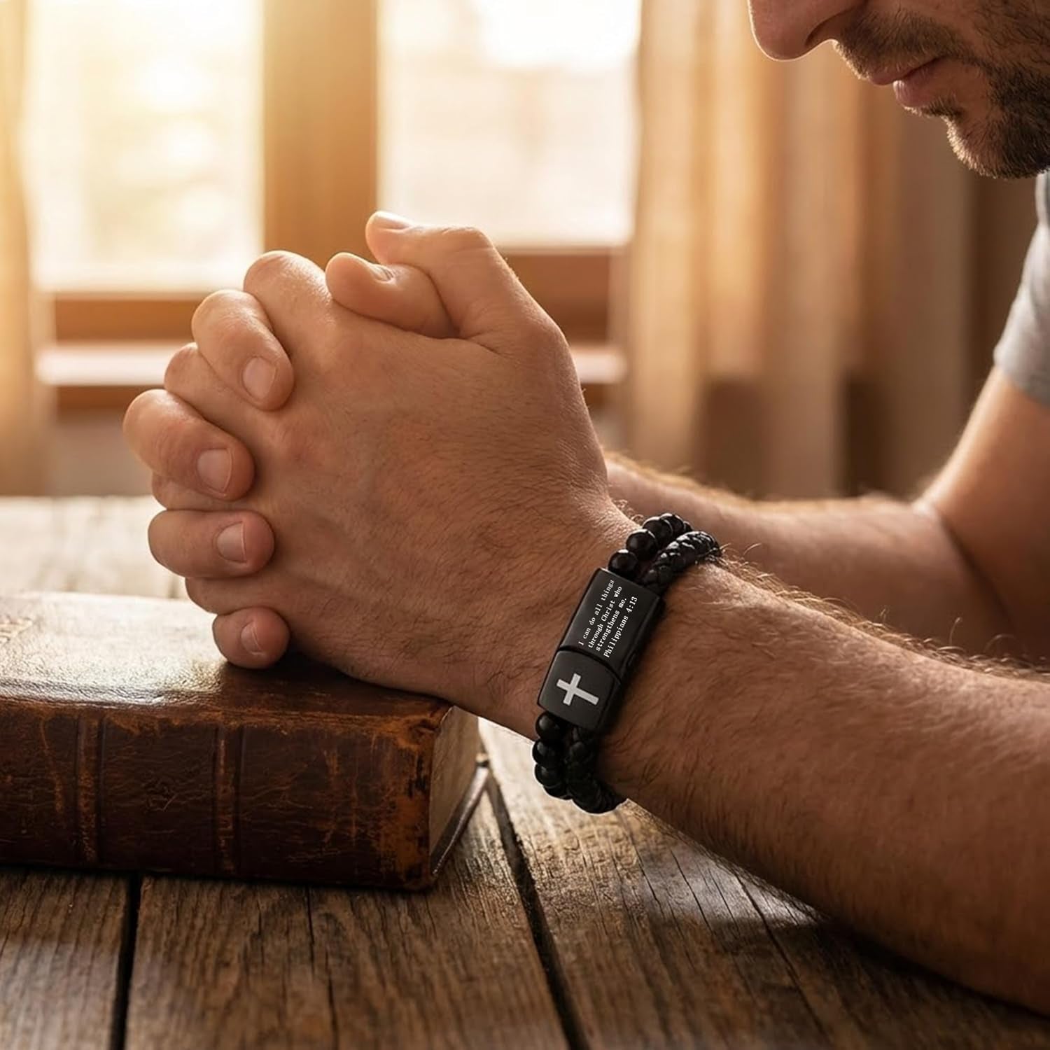 Mens Bracelet Fathers Gifts Day Black Braided Leather Stainless Steel Cross Jewelry Charming Bracelet Embedded with Black Agate Beads,Perfect for Wedding, Parties, and Everyday,Bible Verse Christian Religious Gift(7.5/8.5/9 Inch)