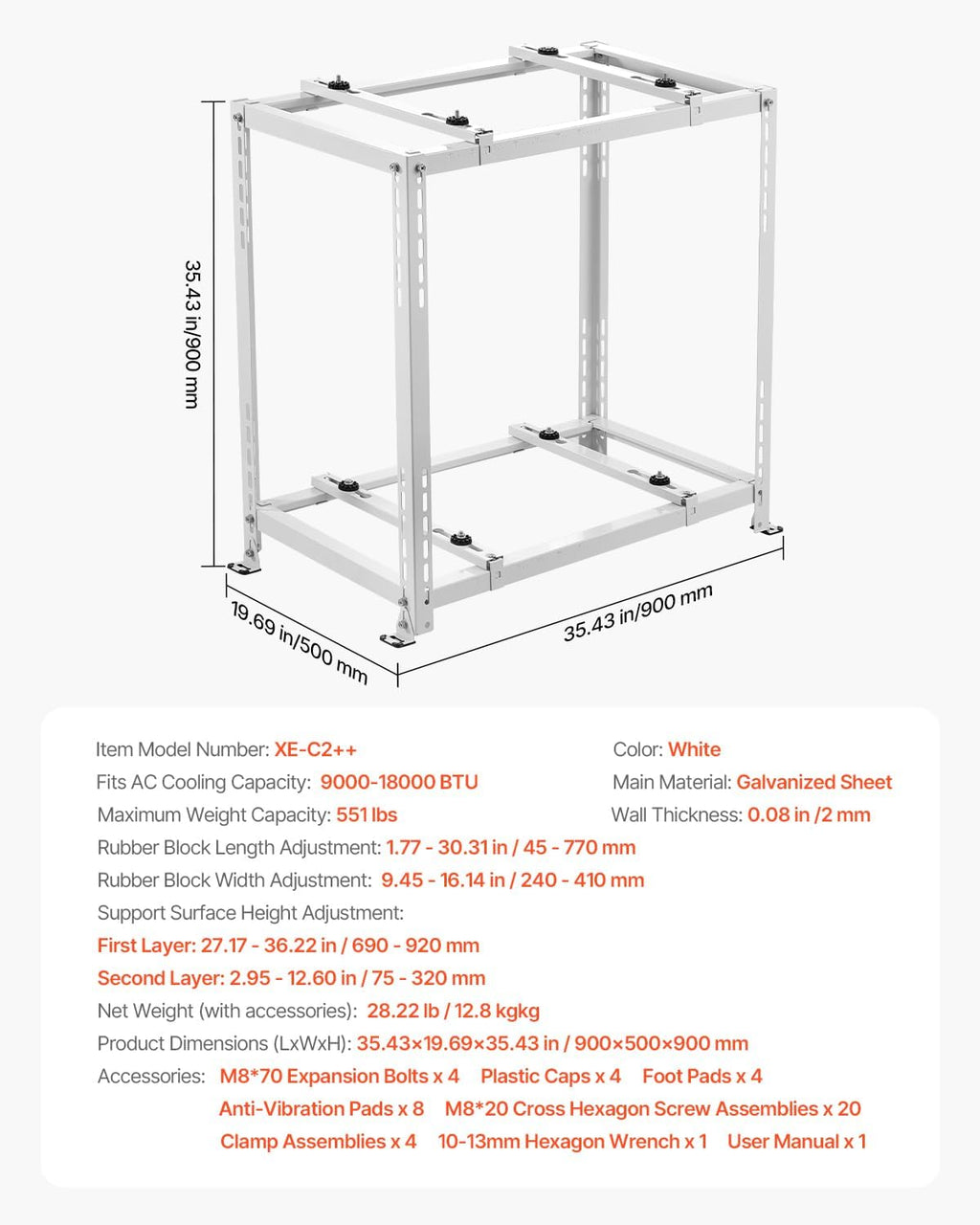 Mini Split Ground Stand, Anti-Vibration Mini Split Stand for 9000-18000 BTU Ductless Air Conditioner Heat Pump, Heavy Duty AC Base Bracket Floor Mount W/ 551LBS Max. Load,Dual Levels