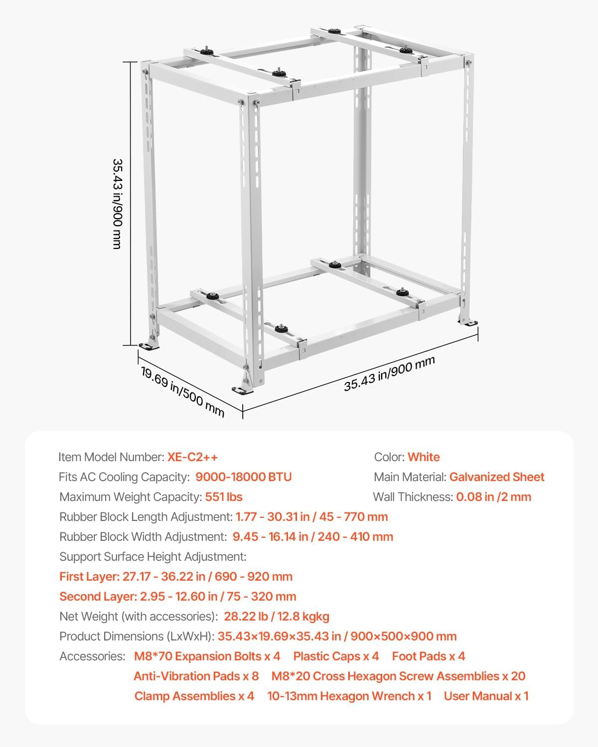 Mini Split Ground Stand, Anti-Vibration Mini Split Stand for 9000-18000 BTU Ductless Air Conditioner Heat Pump, Heavy Duty AC Base Bracket Floor Mount W/ 551LBS Max. Load,Dual Levels