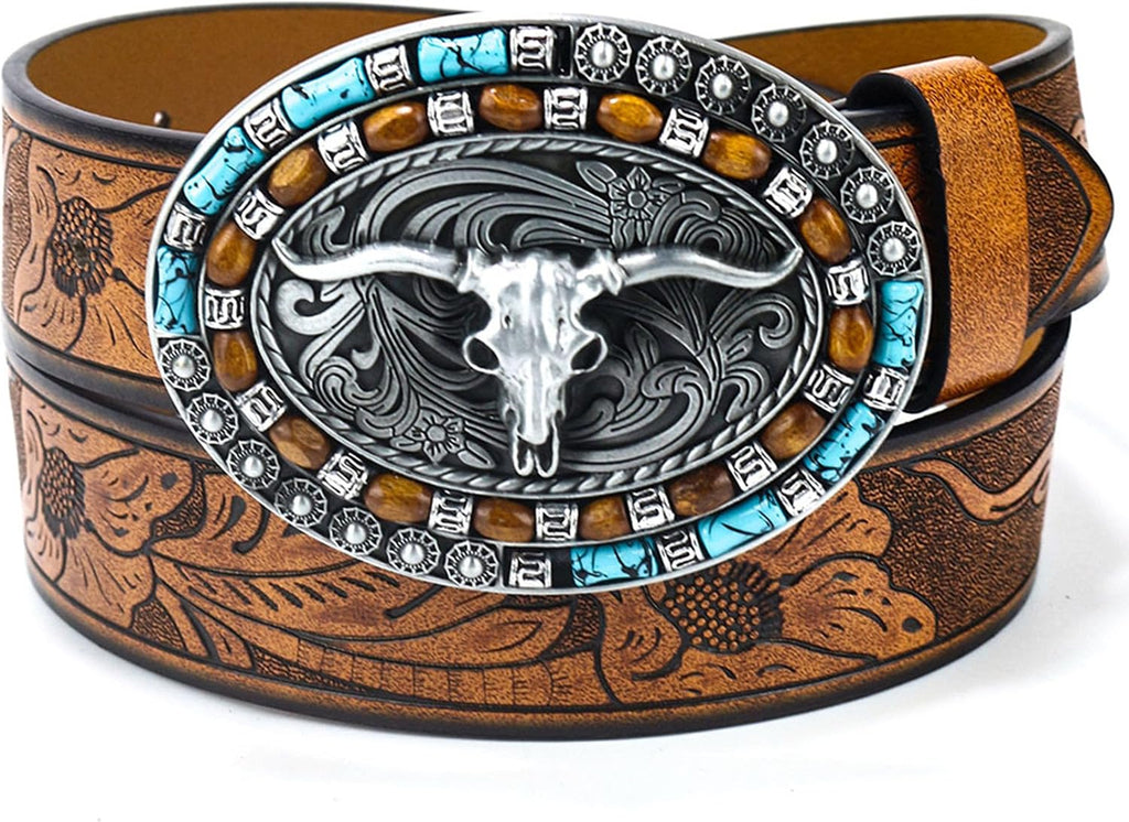 Western Belt for Women Men Cowboys Cowgirls Carving Leather Country Belts Bullhead Buckles