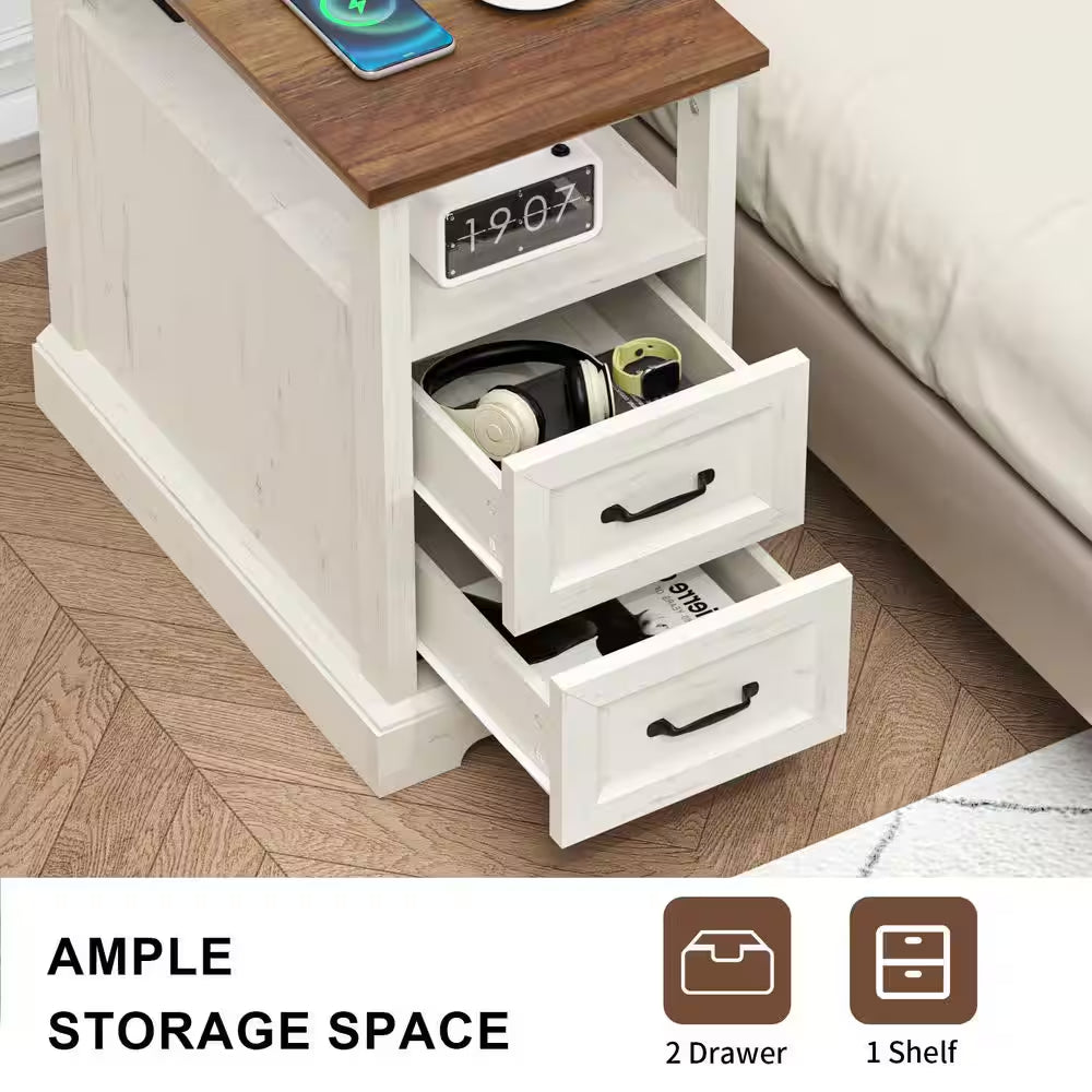Farmhouse 13.78 In. Rustic White Rectangle Particle Board End Table with Outlets, 2 Drawers and Open Shelf