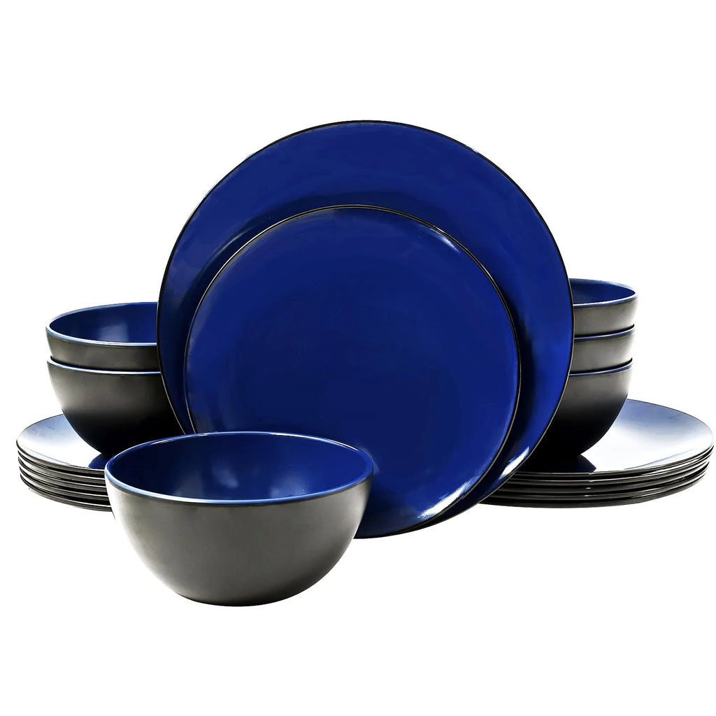 18-Piece Dinnerware Set, Melamine Dinner Dishes Set with Bowls and Plates，Service for 6, Dishwasher Safe, Blue and Black