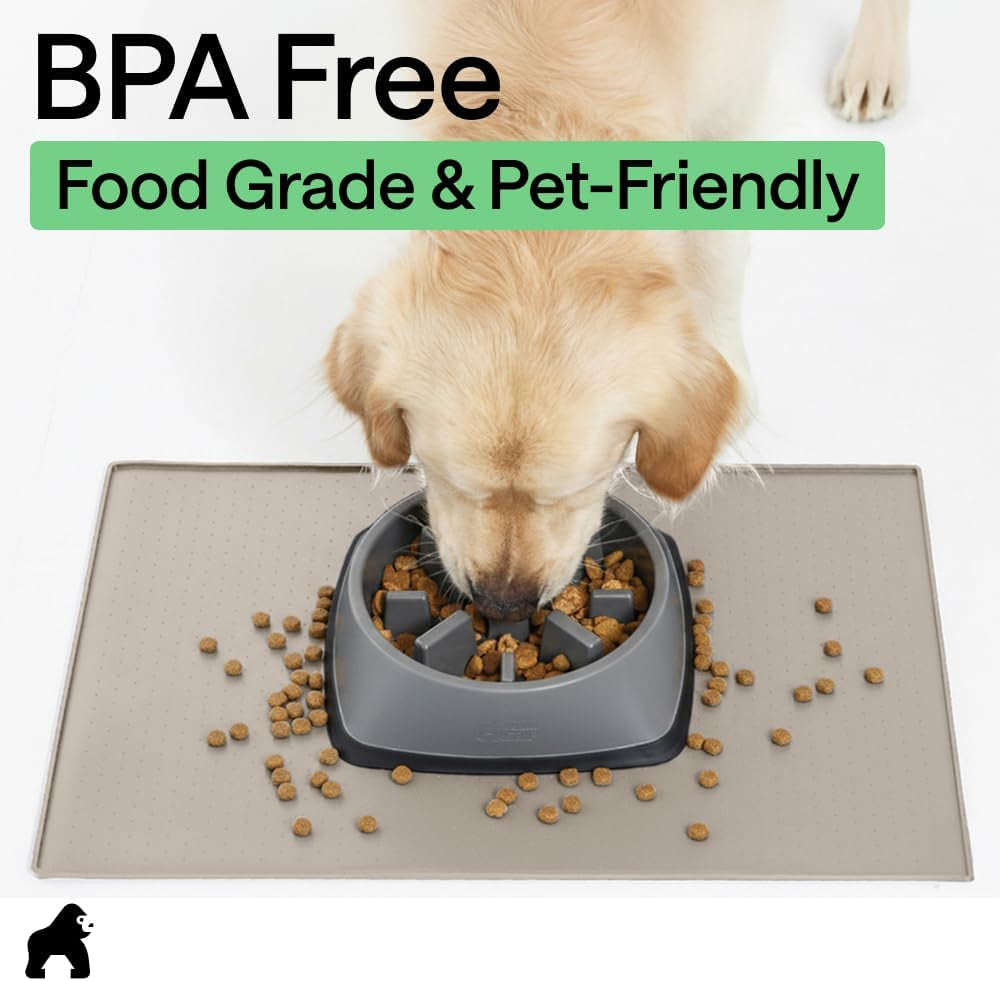 GORILLA GRIP 100% Waterproof Raised Edge BPA Free Silicone Pet Feeding Mat, Dog Cat Food Mats Contain Spills Protects Floors, Placemats for Cats and Dogs Water Bowl, Pets Accessories 18.5X11.5 Beige