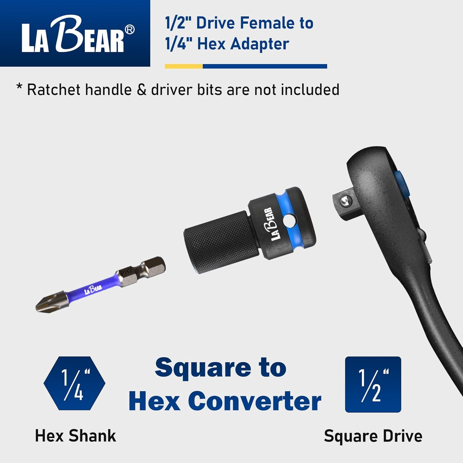 1/2 Inch Drive to 1/4 Inch Hex Impact Adapter | Cr-Mo Steel Body with Quick-Release Collar and 3Mm Adjustable Screw for Steadier Bit Changes