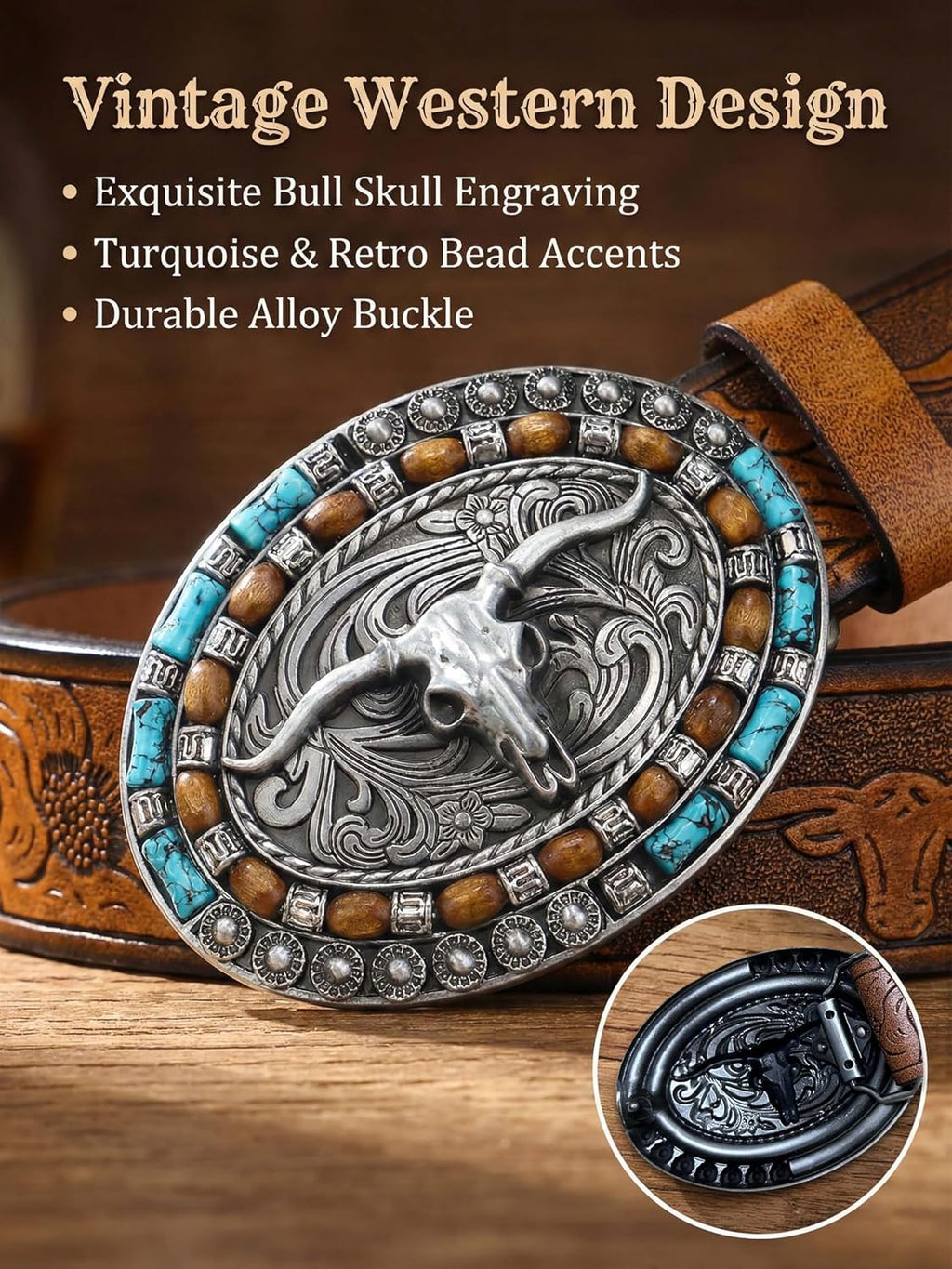 Western Belt for Women Men Cowboys Cowgirls Carving Leather Country Belts Bullhead Buckles