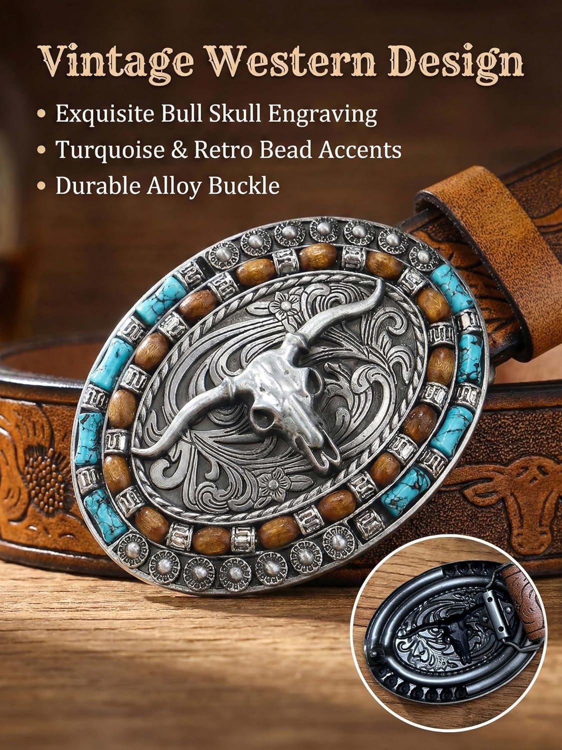 Western Belt for Women Men Cowboys Cowgirls Carving Leather Country Belts Bullhead Buckles