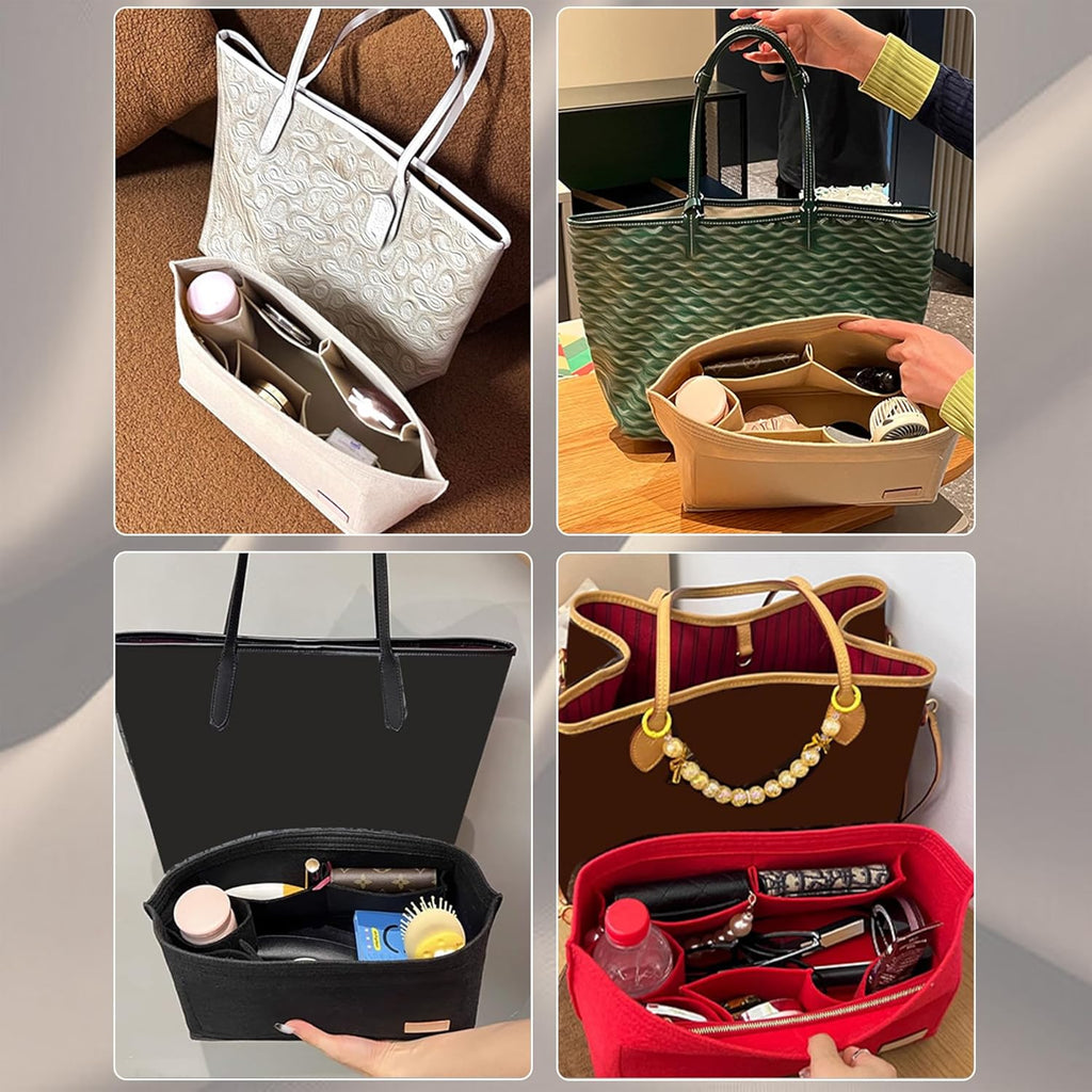Purse Organizer Insert for Handbags & Base Shaper 2Pc Set, Felt Neverfull MM Organizer Insert, Tote Bag Organizer with Zipper Pocket and Bottle Holder, Fit Speedy 30 Neverfull MM and More,Beige-L