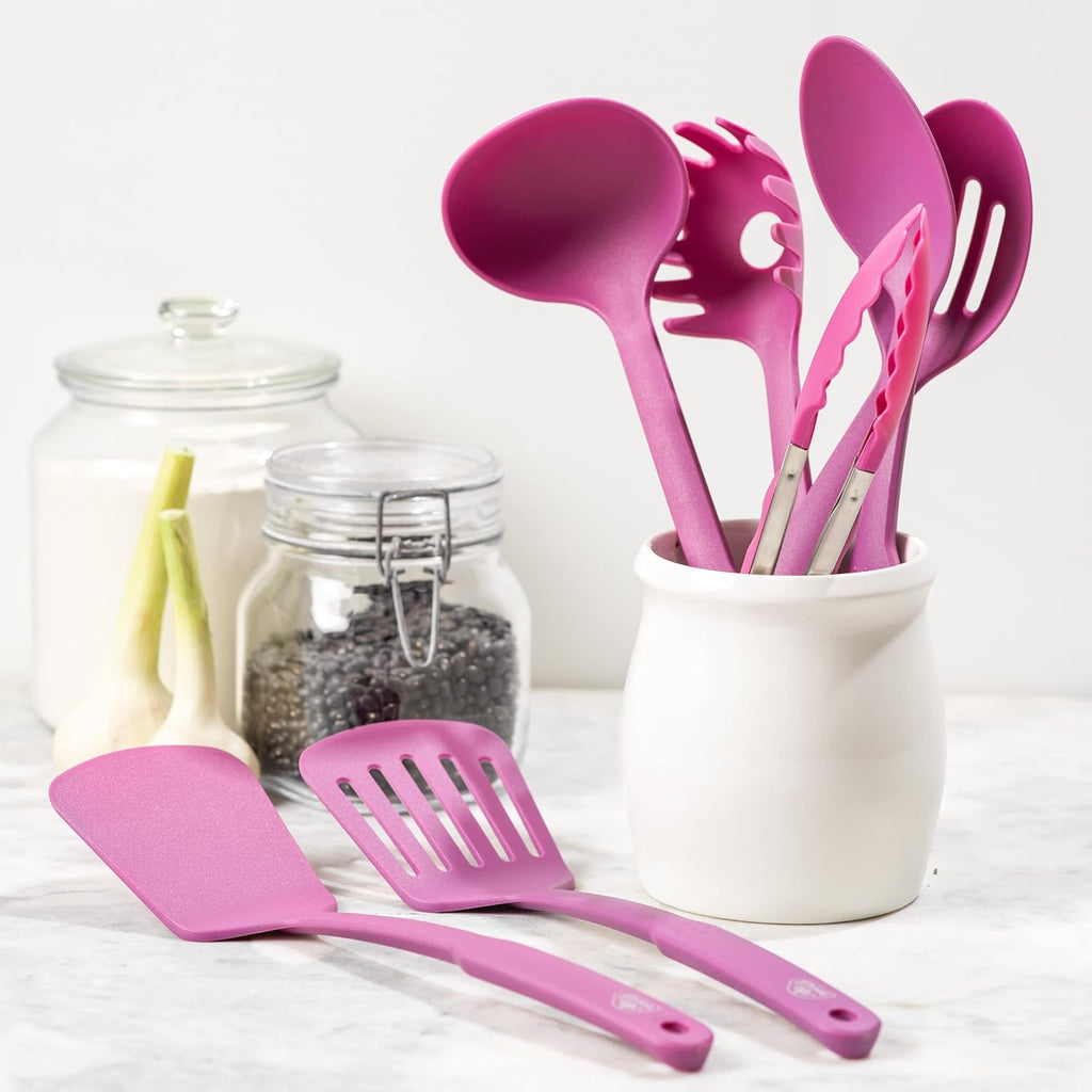 Cooking Tools and Utensils, 7 Piece Nylon Set Including Spatulas Turner Spoons and Tongs, Dishwasher Safe, Bright Pink
