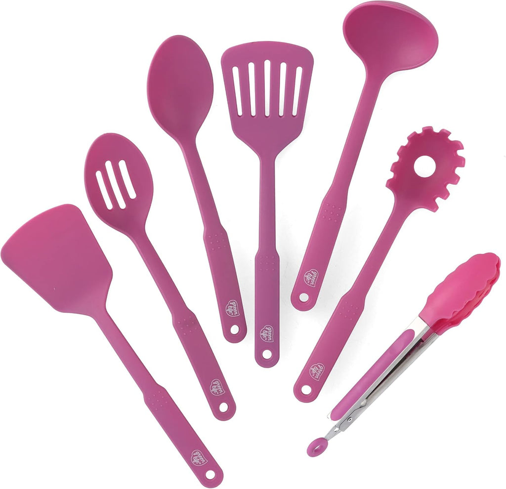 Cooking Tools and Utensils, 7 Piece Nylon Set Including Spatulas Turner Spoons and Tongs, Dishwasher Safe, Bright Pink