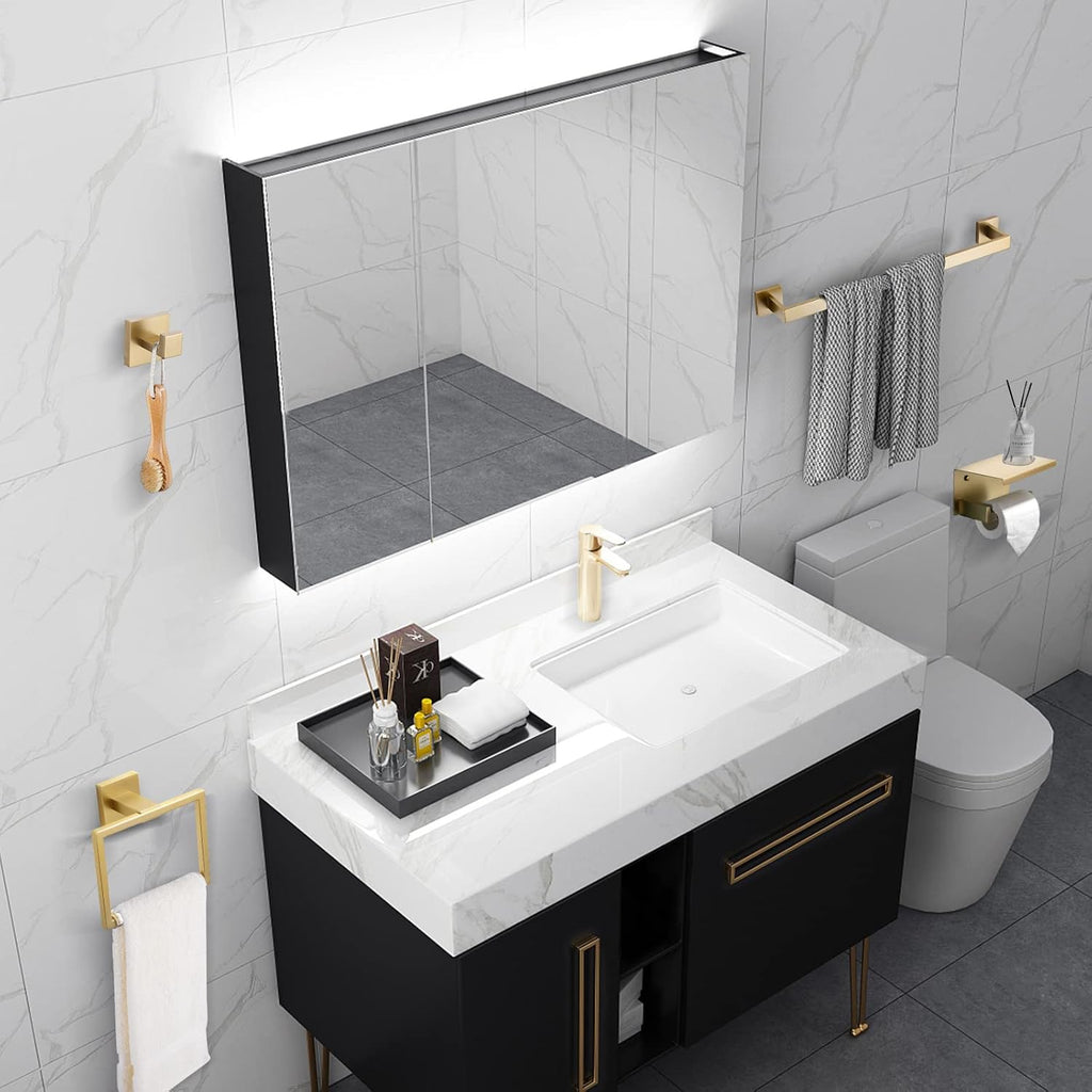 Brushed Gold Bathroom Towel Bar Holder Sets Premium Stainless Steel 4-Piece Bathroom Hardware Set Wall Mounted Bathroom Toilet Paper Holder with Shelf Set.