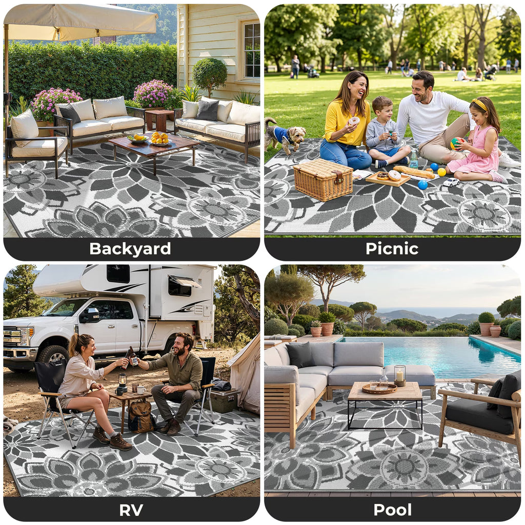 Outdoor Rug 8'X10' Reversible Waterproof Outdoor Patio Rug Mat Plastic Straw Rug Outdoor Area Rug Patio Camping Rug for RV Picnic Balcony Backyard Beach Outdoor Decor,Gray