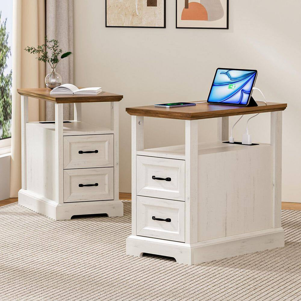Farmhouse 13.78 In. Rustic White Rectangle Particle Board End Table with Outlets, 2 Drawers and Open Shelf