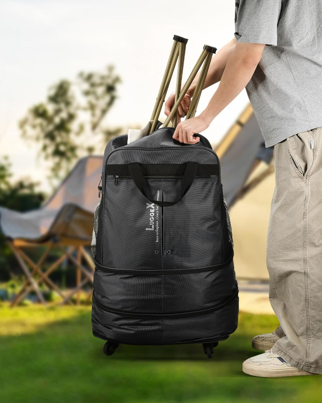 Travel Duffel Bags, Expandable Collapsible Luggage with Spinner Wheels, Lightweight, without Telescopic Handle, Large Capacity Suitcases with Wheel for Men Women (Black, 55L-113L)