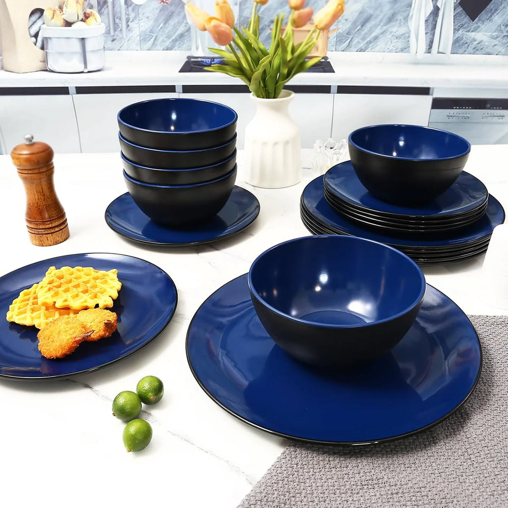 18-Piece Dinnerware Set, Melamine Dinner Dishes Set with Bowls and Plates，Service for 6, Dishwasher Safe, Blue and Black
