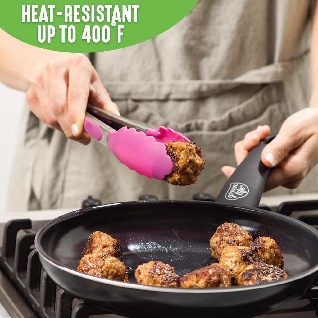 Cooking Tools and Utensils, 7 Piece Nylon Set Including Spatulas Turner Spoons and Tongs, Dishwasher Safe, Bright Pink
