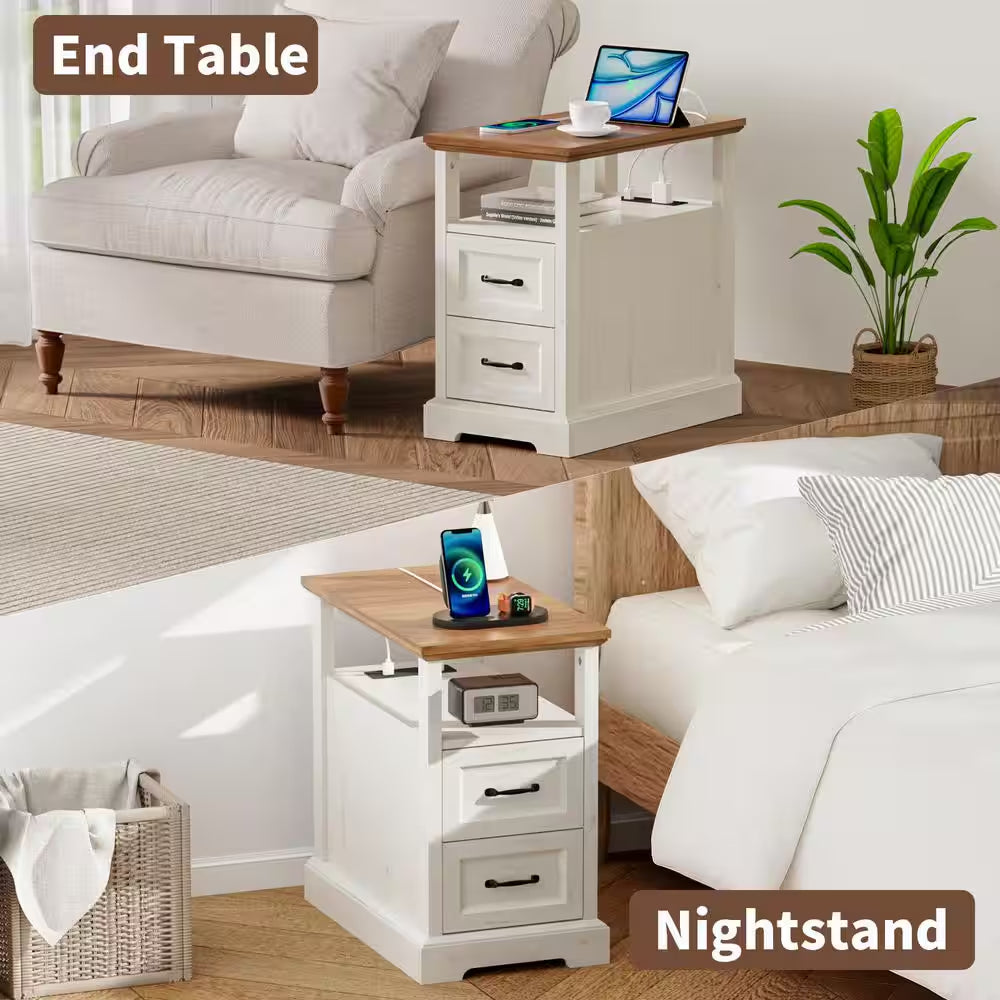 Farmhouse 13.78 In. Rustic White Rectangle Particle Board End Table with Outlets, 2 Drawers and Open Shelf
